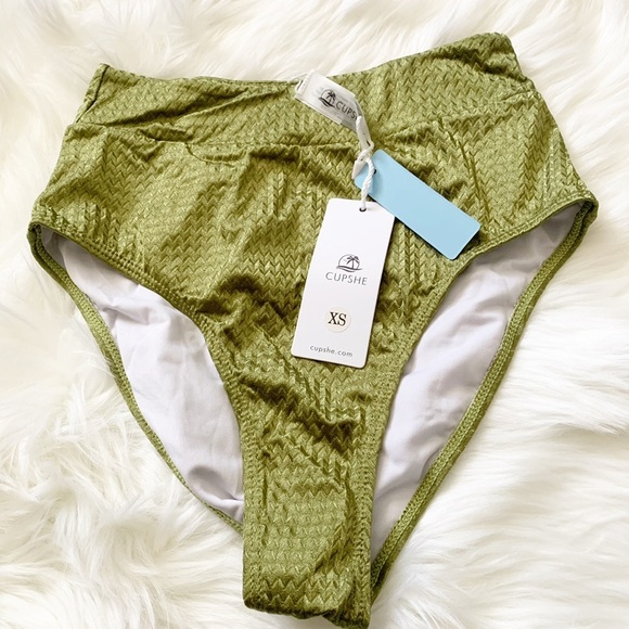 Cupshe XS High Waist Bikini Bottoms Green Chevron - Picture 1 of 3